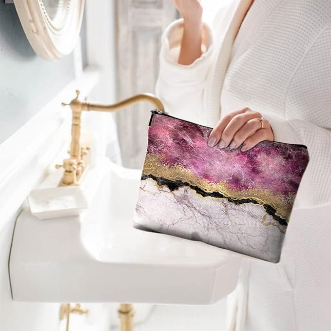 Cute Makeup Bag for Purse Canvas Waterproof Funny Cosmetic Bags for Women Zipper Travel Toiletry Pouch-Wine Marble Makeup Bags