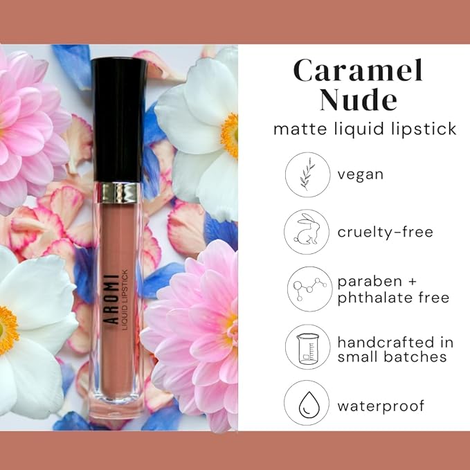 Aromi Matte Liquid Lipstick | Sand Beige Lip Shade, Tan, Long Lasting, Waterproof, Smudge + Transfer Proof, Gluten Free, Vegan Makeup (Caramel Nude)