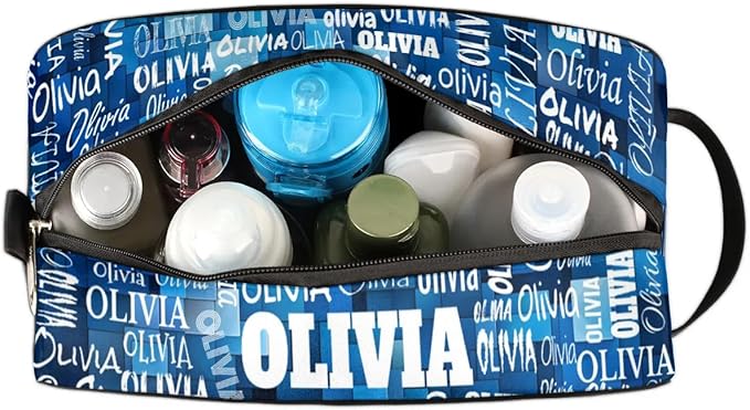 Custom Name Makeup Bag Travel Bag, Toiletry Bag Travel Large Capacity Cosmetic Container Organizer for Shampoo, Blue Geometric Pattern