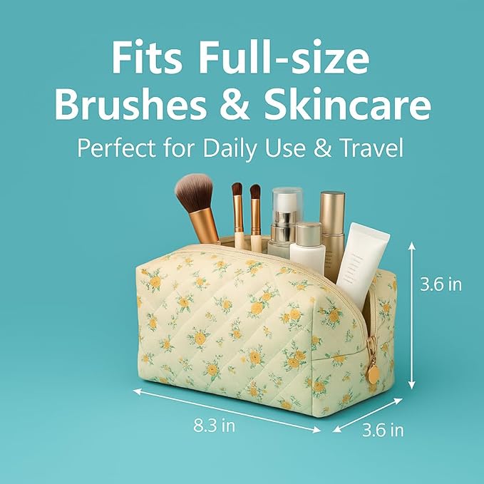 Floral Cotton Makeup Brush Cosmetic Bag for Women,Travel Quilted Zipper Pouch,Large Capacity Flowers Toiletry Organizer, Kawaii Makeup Storage Case, Cosmetic Travel Cloth Bag–Yellow/Orange Flowers