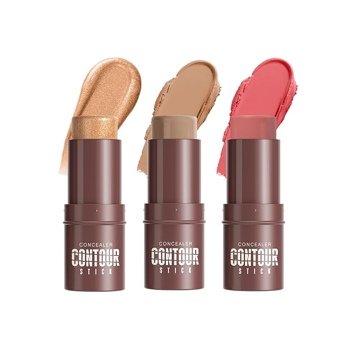 3Pcs Cream Contour Sticks, Shades with Highlighter & Bronzer & Blush, Makeup Kit for Sculpt the Cheeks Long Lasting Dewy & Matte Finish Lightweight Face Contouring Pen LIGHT MEDIUM (SET-C)