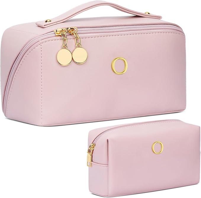 Birthday Gifts for Women Teen Girl, Personalized Initial Makeup Organizer Bag Set, Open Flat Travel Cosmetic Bag With Clear Divider and Handle(Pink,O)