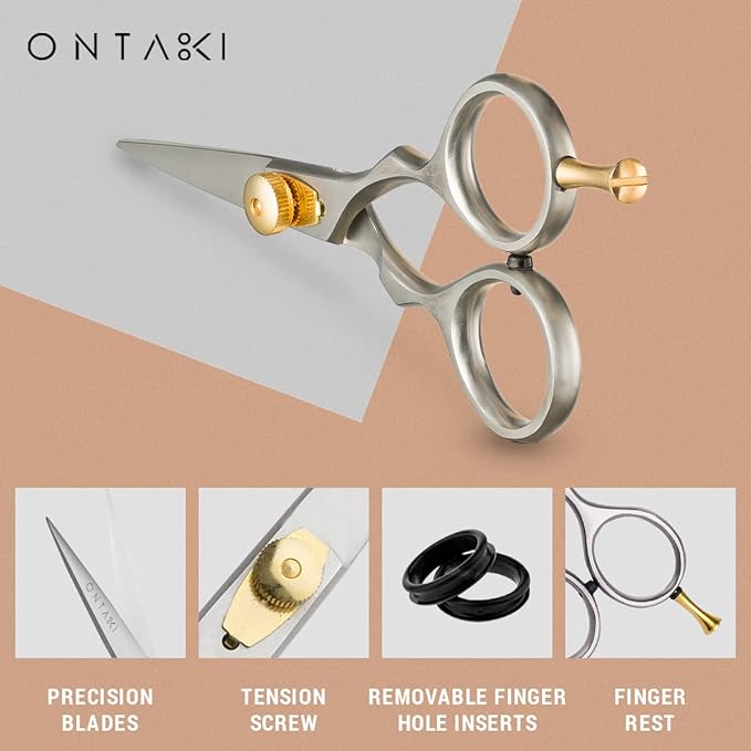 Ontaki Japanese Steel Beard & Hair Shears - Silver, 5.5 in - Precision Sharp Blades for Professional Hair Scissors - Rounded Tips for Mustache Scissors for Men - Finger Rest for Shears for Beard