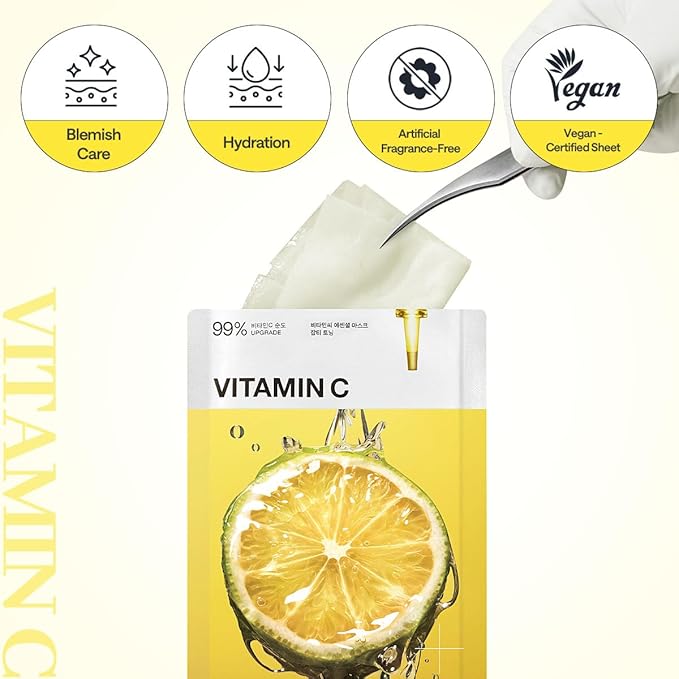 Mediheal Vitamin C Essential Sheet Mask Clear Toning 10 pcs. 99% Pure Vitamin C & 10 Vita Actives for hydration, blemish. Vegan formula