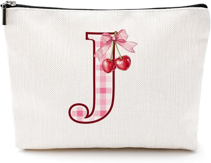 Initial Makeup Bag Monogram Cosmetic Bag Monogrammed Gifts for Women Girls Friends Coworker Nurse Personalized Travel Toiletry Bag Christmas Bridal Shower Wedding Bridesmaid Gifts, Cherry J