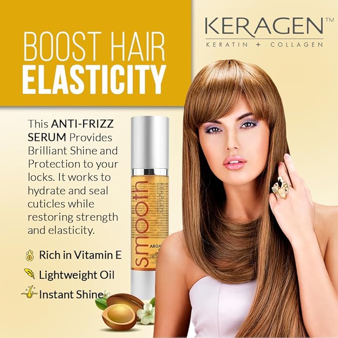 KERAGEN - Nourishing Hair Serum for Dry Damaged Hair - Argan Oil for Hair Treatment - Brilliant Shine, Heat Protection with Paraben, Phthalate and Sulfate Free Formula (1.7 Oz)