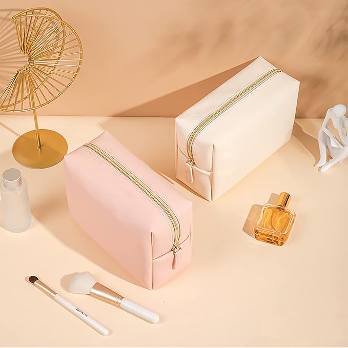 GFU Makeup Bag Large Travel Zipper Cosmetic Pouch, Water Resistant PU Leather Toiletry Organizer for Women and Girls, Light Champagne Pink