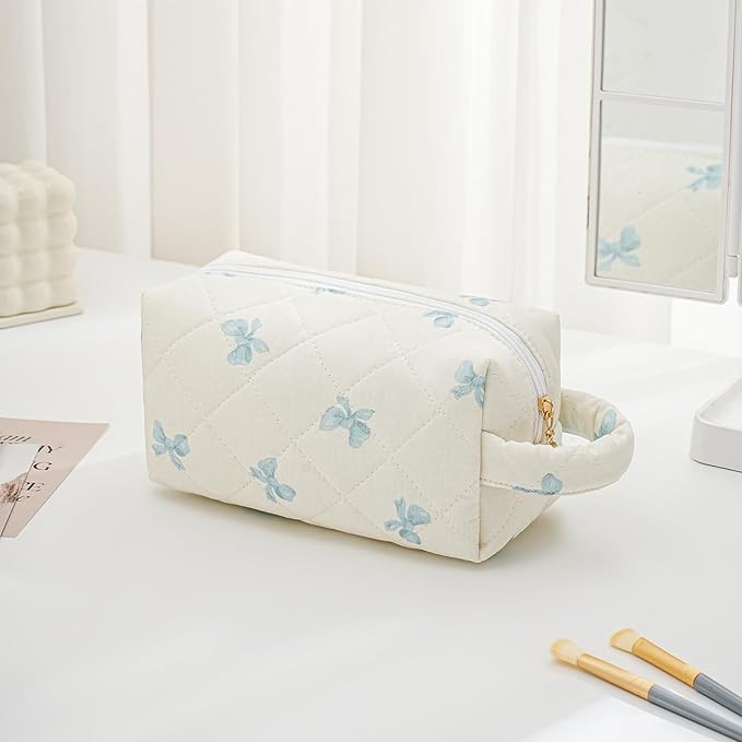 JOVAKIT Travel Makeup Bag Cosmetic Bag for Women, Christmas Gifts, Small Floral Flowers Coquette Toiletry Bag with Handle, Zipper Make Up Pouch Organizer Bag Trendy Stuff (Blue Bow Tie)