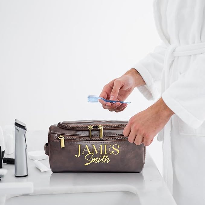 Personalized Toiletry Bag for Men, Engraved Name Initials Toiletry Bag, Customized Monogram Travel Shaving Dopp Kit for Groomsmen, Gift for Christmas, Birthday, Dad, Husband, Grandpa (Dark Coffee)