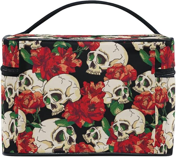 Skull Goth Makeup Bag, Gothic Skull and Flower Travel Makeup Organizer Bags Toiletry Bag Box Travel Cosmetic Bag Make Up Train Case for Women Teen Girl Ladies