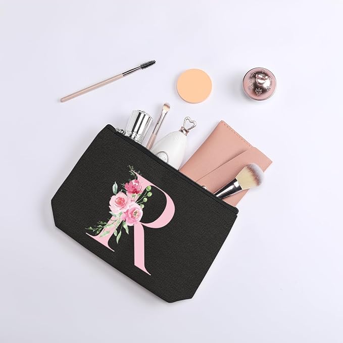 A-Z Personalized Cosmetic Bag Monogrammed Makeup Bags Bridesmaid Gifts Custom Toiletry Pouch Gifts for Women Mom Best Friend Sister Bride Bridesmaid (R)