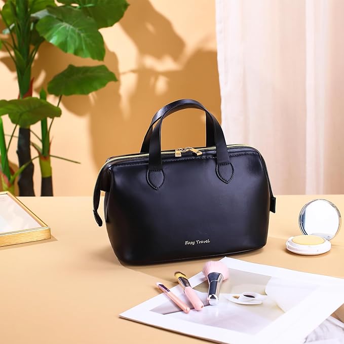 Travel Makeup Bag, Large Wide-open Cosmetic Bag Make Up Organizer Case for Women, Waterproof PU Leather Toiletry Bag Skincare Pouch for Toiletries Accessories Brushes