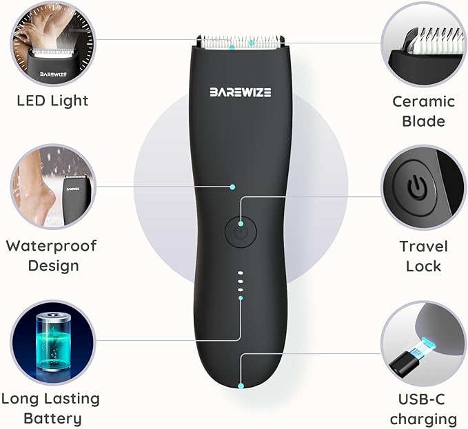 Body Hair & Pubic Hair Trimmer for Men | Waterproof, USB-C Rechargeable, LED Light, Replaceable Ceramic Blade, Electric Ball Shavers, Manscape Kit, Mens Personal Groomer (Black)