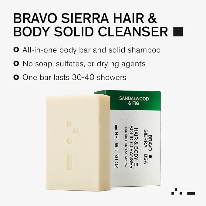 Bravo Sierra Body and Hair Mens Soap Bar All-In-One Shampoo & Soap for Men's Face, Hair & Body - Sandalwood & Fig, 7 oz - Coconut, Shea Butter and Oat Flour for Soft Skin and Healthy Hair