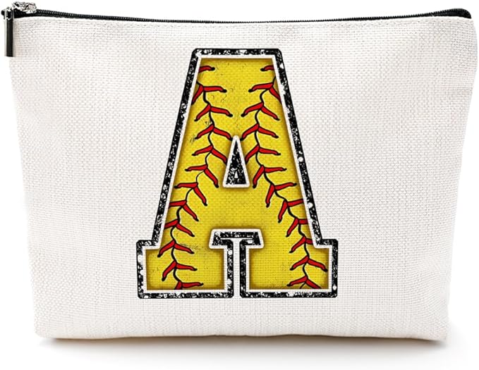 Initial Makeup Bag Monogrammed Cosmetic Bag Letter A Zipper Pouch Softball Accessories for Girls Women Player Coach Friend Stuff Graduation Birthday Gifts
