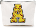 Initial Makeup Bag Monogrammed Cosmetic Bag Letter A Zipper Pouch Softball Accessories for Girls Women Player Coach Friend Stuff Graduation Birthday Gifts