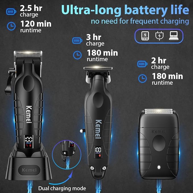 KEMEI Hair Clippers for Men Professional, Barber Clippers and Trimmers Set, Foil Shaver for Men,Cordless Hair Clippers and Barber Kit, Hair Cutting Kit, KM-2293Black, KM-PG2290D, KM-T95