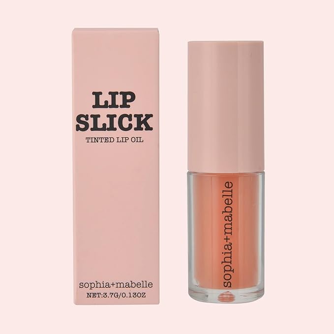Sophia + Mabelle Hydrating Lip Oil – Lightweight, Non-Sticky & High-Shine Lip Gloss Oil – Moisturizing, Nourishing, Soothing Tinted Formula for Soft Lips – 3.7g (Cabana Service (Peach), 3.7g)