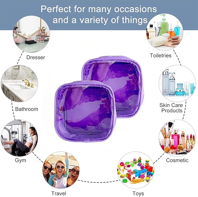 2PCS Solid Cosmetic Bag and Travel Pouch-Durable PVC Material,Versatile,Zipper Design for Smooth Sliding-Ideal for Makeup,Travel Essentials (2PCS-Purple)