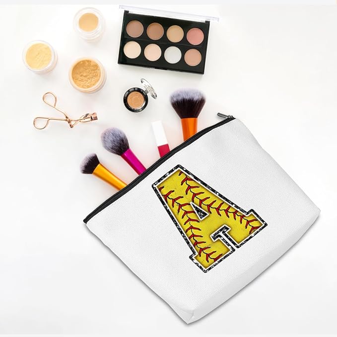 Initial Makeup Bag Monogrammed Cosmetic Bag Letter A Zipper Pouch Softball Accessories for Girls Women Player Coach Friend Stuff Graduation Birthday Gifts