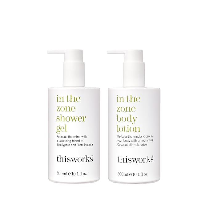 THISWORKS In The Zone Set – Shower Gel 300ml & Body Lotion 300ml – Balancing Bodycare with Coconut Oil, Glycerin, Eucalyptus & Frankincense to Cleanse, Nourish & Refocus the Mind