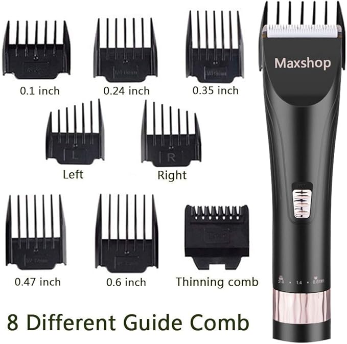 Maxshop Professional Hair Clippers for Men and Babies Quiet Clippers Cordless Haircut kit with Charging Dock, 8 Comb Guides, 2 Scissors,1 Hair Comb Self Hair Cutting System (Black)