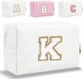 Small Personalized Letter Makeup Bag, Cute PU Leather Chenille Letters Cosmetic Bag Travel Makeup Pouch, Preppy Travel Organizer Zipper Pouch for Women&Girls（White-K）