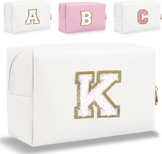 Small Personalized Letter Makeup Bag, Cute PU Leather Chenille Letters Cosmetic Bag Travel Makeup Pouch, Preppy Travel Organizer Zipper Pouch for Women&Girls（White-K）