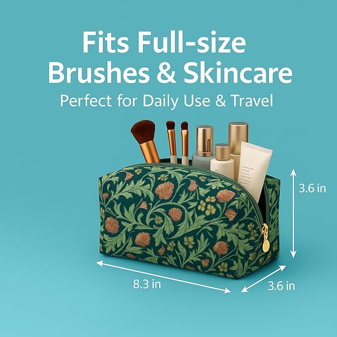Floral Cotton Makeup Brush Cosmetic Bag for Women & Men, Travel Quilted Zipper Pouch, Large Capacity Flowers Toiletry Organizer, Kawaii Makeup Storage Case, Cosmetic Travel Cloth Bag-Garden Green
