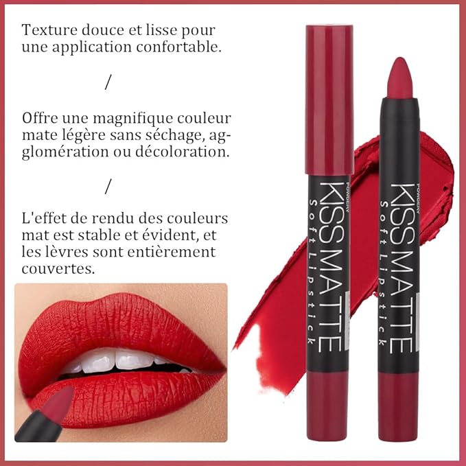evpct 3Pcs Rub Red Rose Mauve Pink Matte Lipstick Lip Crayon Liner Pencil Pen Makeup Set Matte Lipstick and Lip Liner Set 24 Hour Waterproof labiales mate 24 horas originales 13&15&16