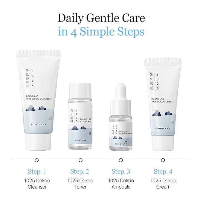 ROUND LAB 1025 Dokdo Hydrating Mini Size Kit (Cleanser, Toner, Ampule, Cream) | Deep Hydration for Dry Skin | Gentle, Lightweight Routine for Daily Moisture & Soothing Care