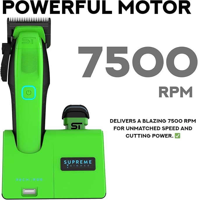 Supreme Trimmer Recharge Clipper - Professional Hair Clipper with 2 Removable Batteries, Brushless Motor, Smart Charge Stand, USB-C Charge & DLC Blades Barbers | STC779