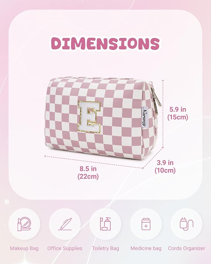 Narwey Birthday Gifts for Teen Girls Kids Women Personalized Initial Checkered Makeup Bag Pink Monogram Cosmetic Bag Trendy Stuff 6 8 10 11 12 13 14 16 18 Years Old Travel Toiletry Bag (Dusty Rose J)