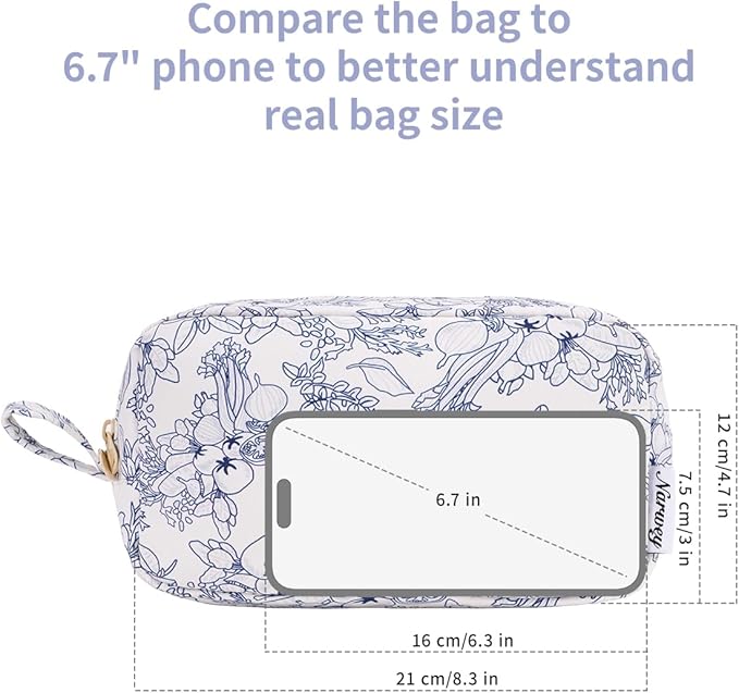 Narwey Cute Makeup Bag Small Toiletry Bag Travel Cosmetic Bag Organizer Make Up Bags with Organized Pockets for Women (Navy Blue Flower, Large)