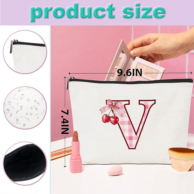 Initial Makeup Bag Monogram Cosmetic Bag Monogrammed Gifts for Women Girls Friends Coworker Teacher Personalized Travel Toiletry Bag Christmas Bridal Shower Wedding Bridesmaid Gifts, Cherry V