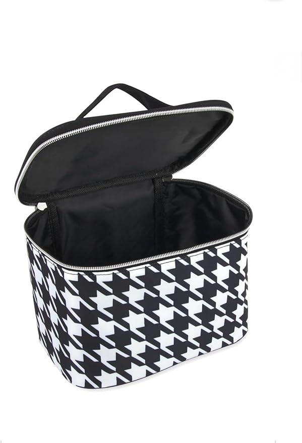 Cosmetic Bag, Travel Case, Makeup Bag, Houndstooth pattern, with Two-Way Zippers, Water Resistant, Fully Lined, 8.7 x 5.9 x 6 inches, Black and White