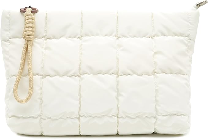 Puffer Quilted Makeup Bag Travel Cosmetic Bag Portable Puffy Checkered Toiletry Pouch Skincare Organizer Purse Pencil Case (White)
