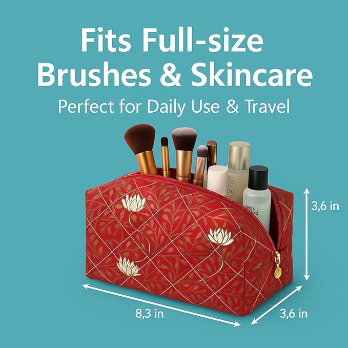 Floral Cotton Makeup Brush Cosmetic Bag for Women, Travel Quilted Zipper Pouch, Large Capacity Flowers Toiletry Organizer, Kawaii Makeup Storage Case, Cosmetic Travel Cloth Bag-Garden Red