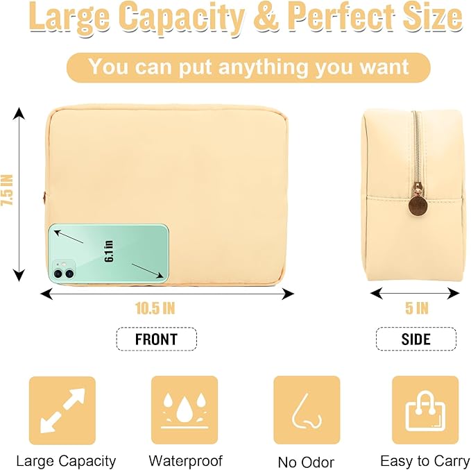 Nylon Large Makeup Bag Travel Pouch for Women, Preppy Big Makeup Bag Cute Cosmetic Zipper Pouch Purse, DIY Chenille Letter Bag Waterproof Toiletry Bag Clutch Makeup Organizer for Girls (Beige)