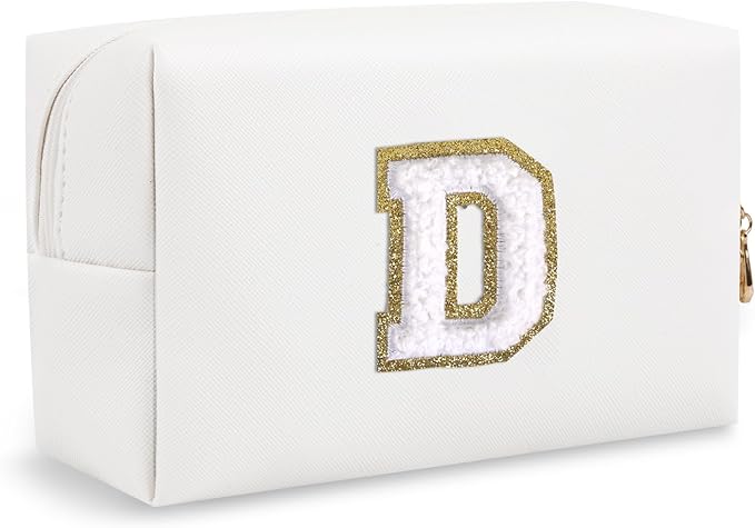 Personalized Chenille Letter Preppy Makeup Bag, Mini Cute White Travel Cosmetic Bag Initial Toiletry Zipper Pouch Monogram Makeup Bag, Waterproof Makeup Case Travel Essentials for Women Girl(Letter D)