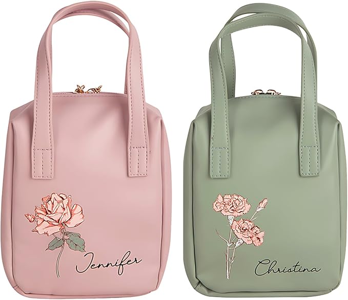 Custom Name Leather Makeup Bag Travel Toiletry Bag with Birth Flower Handle Personalized Make Up Storage Bags for Women Large Capacity Cosmetic Bag Organiser Vanity Case Womens Toiletries Wash Bags