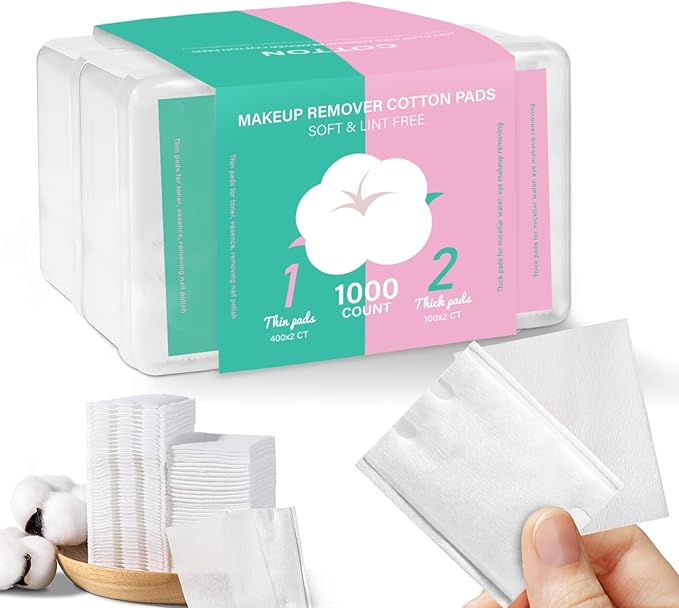 Square Makeup Cotton Pads, 200 Thick and 800 Ultra-Thin Soft, Lint-Free Pads for Makeup Removal, Toner Application and Daily Skincare