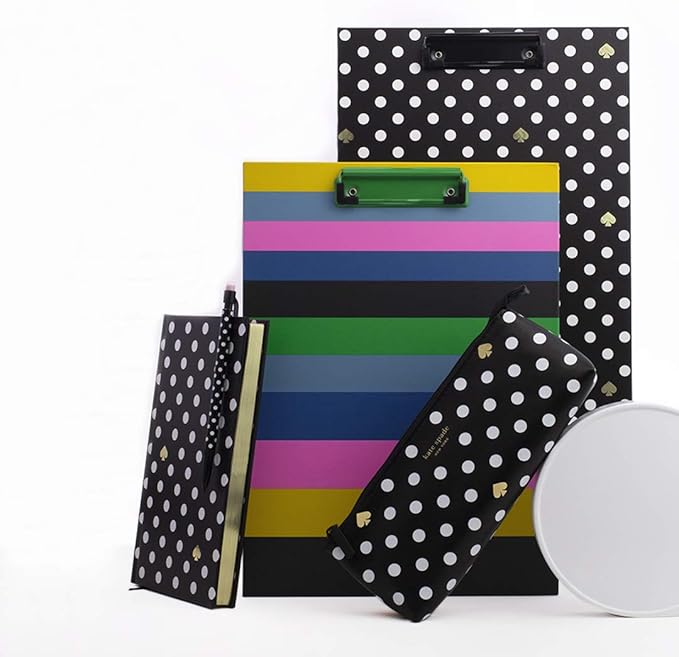 Kate Spade New York A4 Clipboard Folio with Low Profile Clip, Black Professional Padfolio Includes Lined Notepad, Pen Loop, and Pocket, Polka Dots
