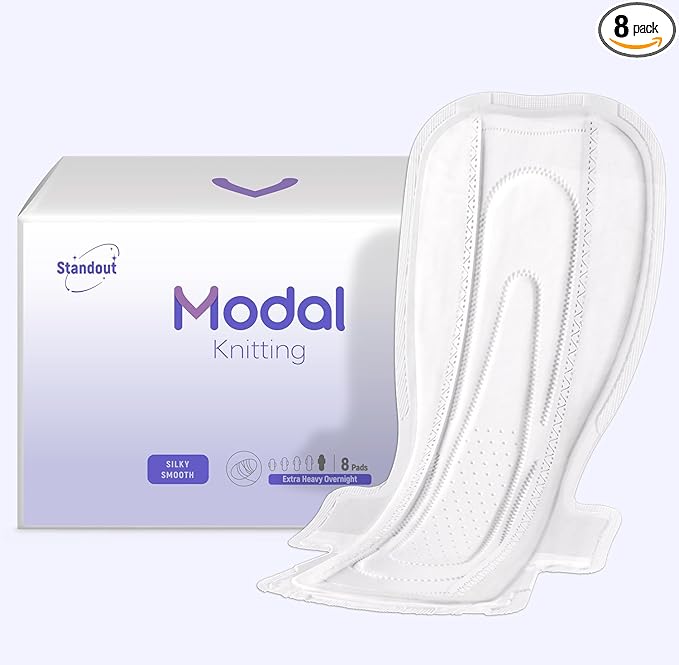 MODAL Heavy Flow Pads for Women Overnight, Unscented Sanitary Pads for Period with Wings, 16.5 Inch(420 mm), Extra Heavy Overnight, 8 Count