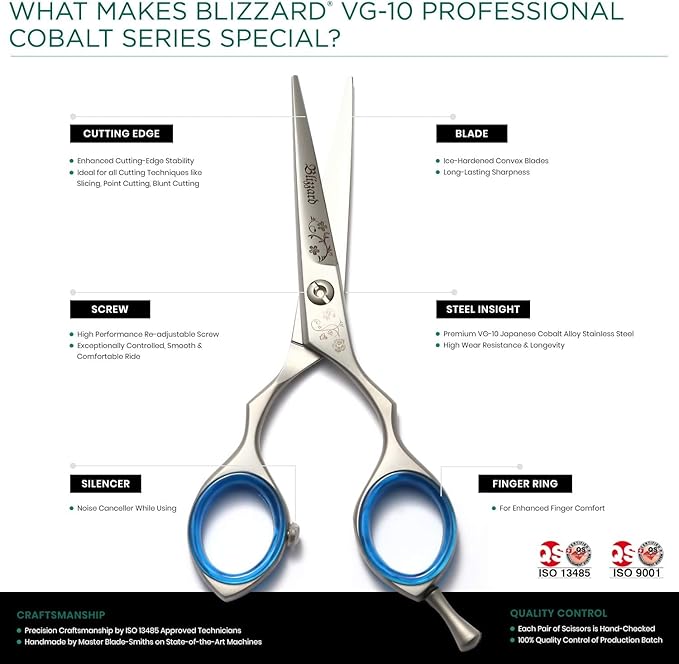 Blizzard Professional Hair Cutting Scissors – 5.5 inch VG10 Cobalt Haircut Shears with Razor Sharp Blades - Matt Finish Barber Hairdressing Travel Case for Salons & Home Use