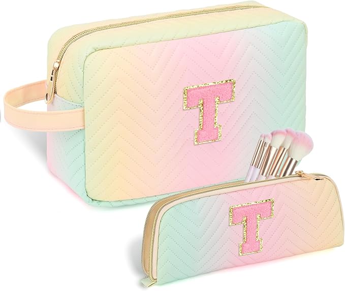 Personalized Initial Makeup Bag Trendy Stuff Leather Waterproof Cosmetic Bag Travel Toiletry Bag, Christmas/Thanksgiving/Halloween Gifts Makeup Organizer Case for Women Girls Mom Girlfriend Wife