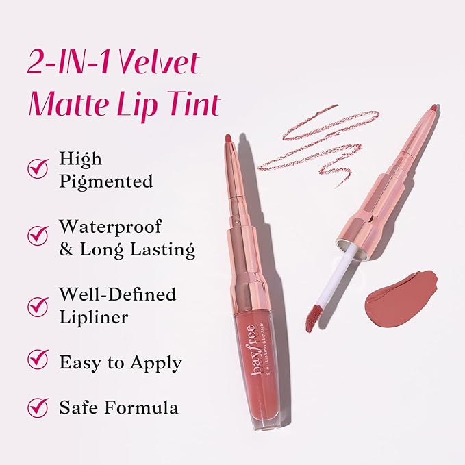 bayfree 2-IN-1 Lip Liner and Lip Stain, High Pigmented Long Lasting Velvet Lip Tint, Well-Defined Lipliner, Weightless Waterproof Not Animal Tested, Matte Finish Makeup