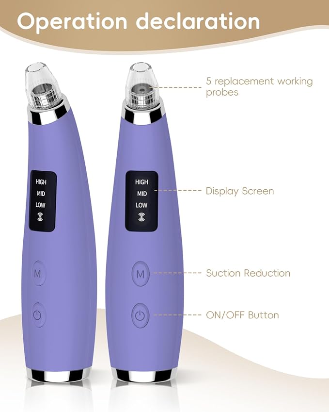 Facial Pore Blackhead Remover Vacuum - Fore Cleaner and Blackhead Extractor with 3 Adjustable Suction Levels - 5 Probes - Pore Vacuum Kit for Women&Men (Matte Purple)