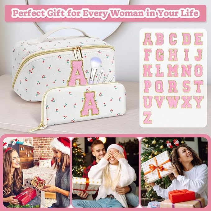 Personalized Travel Makeup Bag Set,Initial Travel Cute Cherry Makeup Organizer Bag,Toiletry Skincare Cosmetic Bag,Christmas Gifts for Women/Girls,Open Flat Toiletry Pouch with Brush Pocket-J