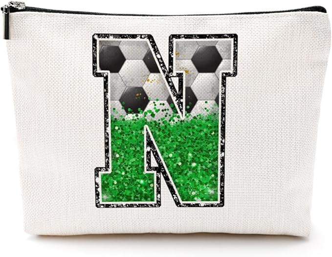 Soccer Gifts Initial Makeup Bag Monogrammed Cosmetic Bag Letter N Zipper Pouch Soccer Accessories for Girls Women Player Coach Friend Stuff Graduation Birthday Gifts
